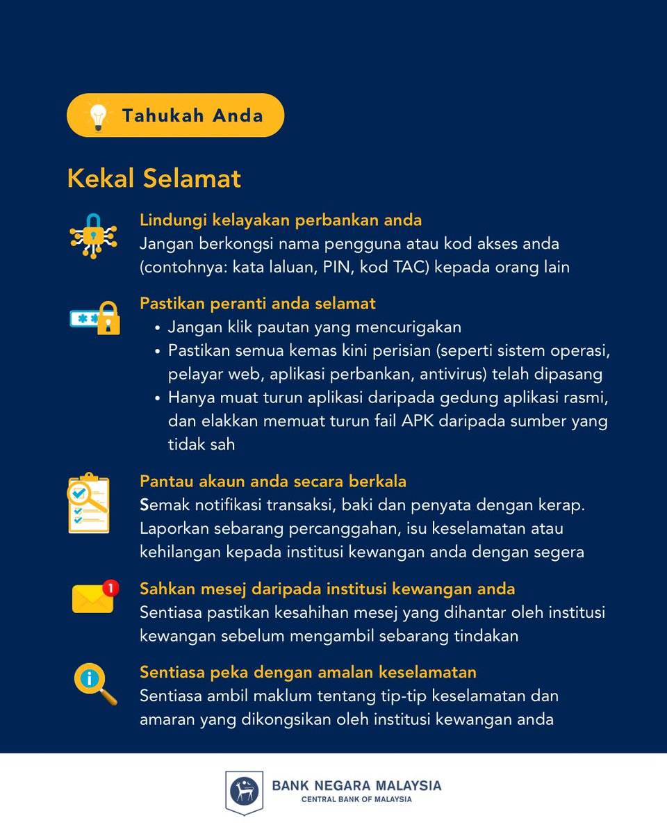 Penipu makin licik - tetapi ciri keselamatan kita lebih pintar.

Baca lanjut melalui bnm.gov.my/lt24b7. 
Sila baca dasar Layanan Adil terhadap Mangsa Transaksi Tanpa Kebenaran melalui bnm.gov.my/-/pd-fair-trea…

#BNMTahukahAnda