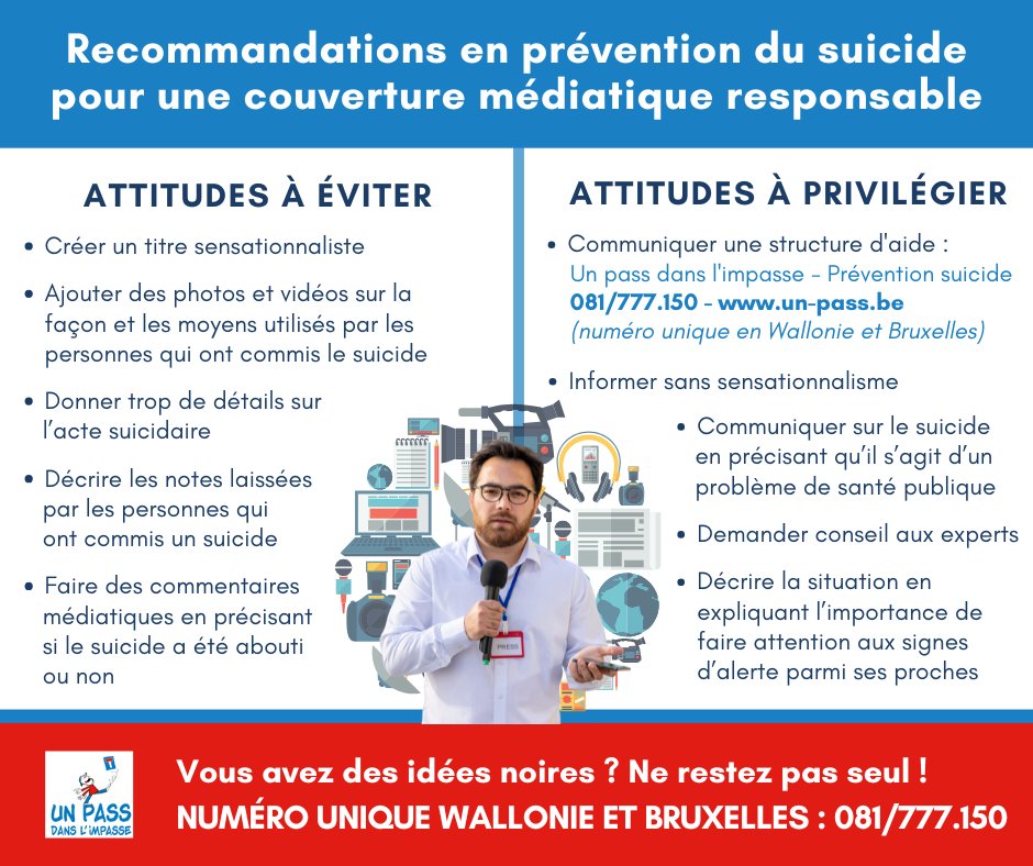 UPDIasbl's tweet photo. L’Université de Vienne a montré l’effet #Papageno: des messages médiatiques responsables peuvent prévenir des passages à l’acte
📌Ces derniers jours, des drames ont fait la une. C’est pourquoi @UPDIasbl rappelle l’importance d’une #médiatisation #responsable.
#prevention #suicide https://t.co/mV69xoz4HR