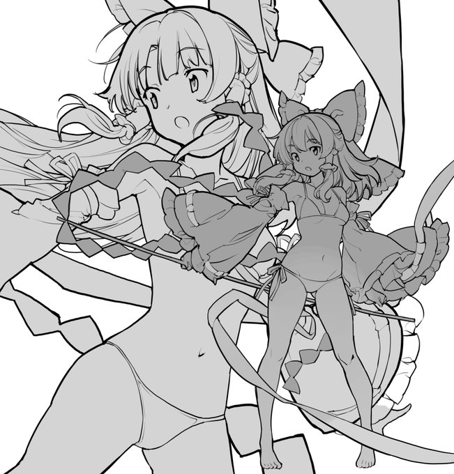 水着っぽい霊夢のバックにカットイン霊夢も描きこんで顔も描きこんで後は塗るだけ😊
線画をちょっと修正しそうな予感→水着の紐とか腕の太さとか大幣とか😅 