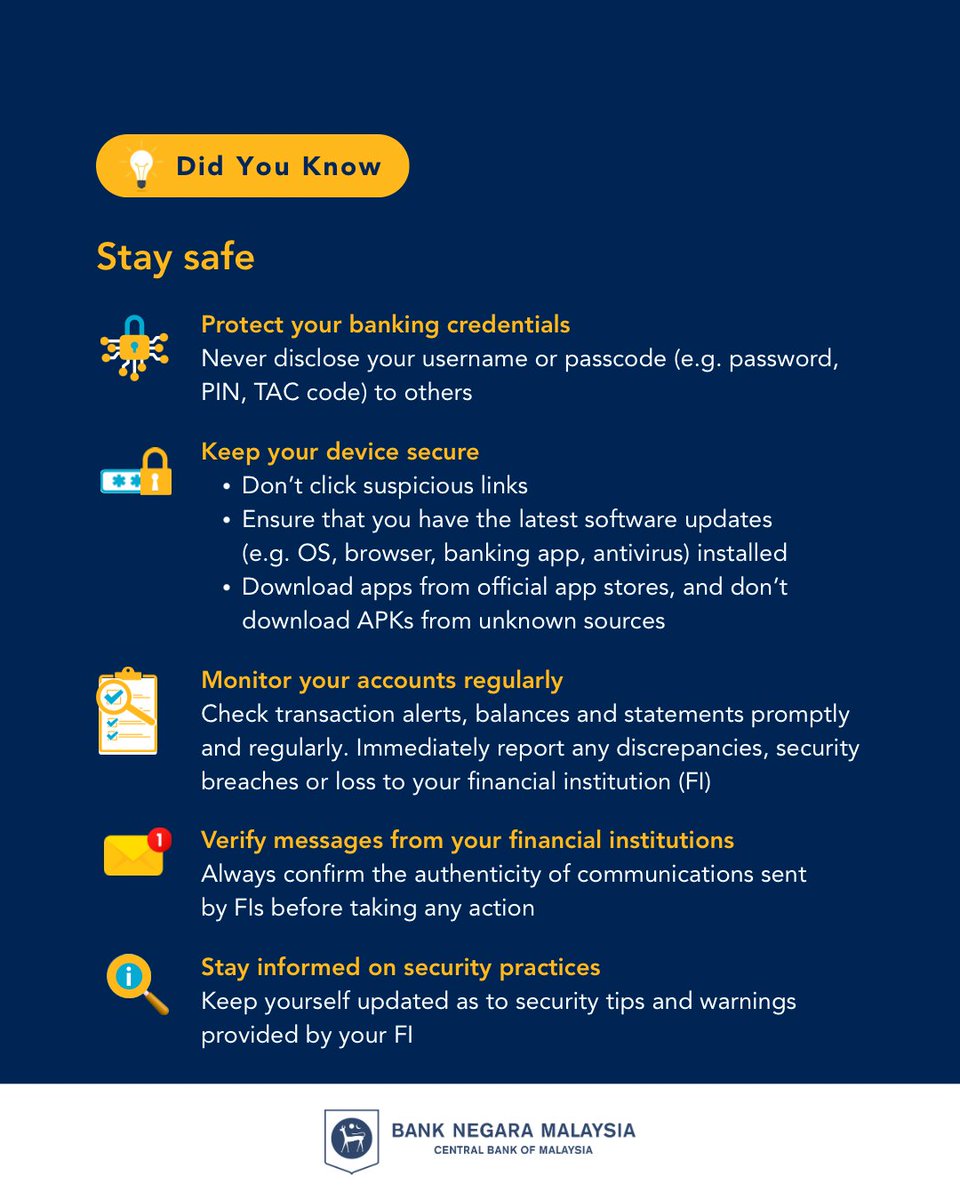 Scammers are getting smarter - but so are our defenses.   Learn more via our box article at bnm.gov.my/ar24b7  Read our policy on Fair Treatment for Victims of Unauthorised Transactions at bnm.gov.my/-/pd-fair-trea… 

#BNMDidYouKnow