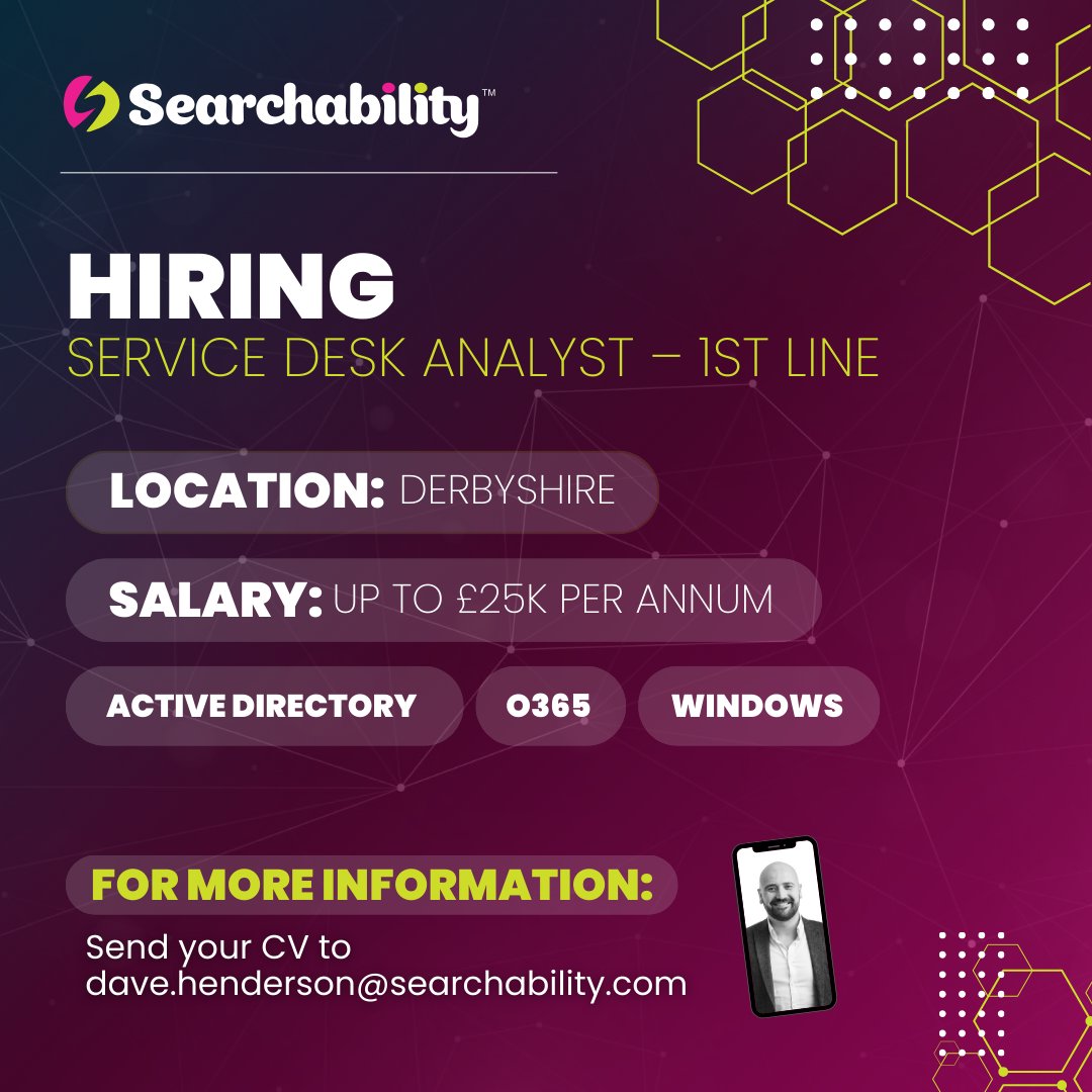 Exciting opportunity to expand your existing experience within a service desk environment, with a company who promotes internally. ⭐

- £25,000 salary (negotiable)
- On site in Derbyshire
- Must have the ability to drive your own vehicle (essential for onsite shifts)

Find out