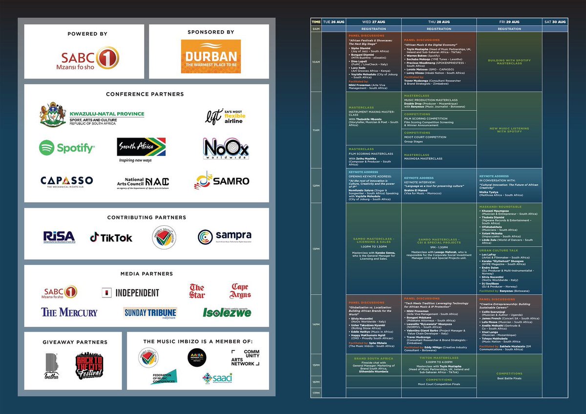 themusicimbizo's tweet image. The wait is over! 

The Music Imbizo 2025 program is LIVE!
4 days of panels, performances &amp;amp; networking at Durban ICC.

📅 26–30 Aug

Check the program &amp;amp; plan your experience now! themusicimbizo.co.za/programme/

#TheMusicImbizo #DurbanICC #MusicBusiness