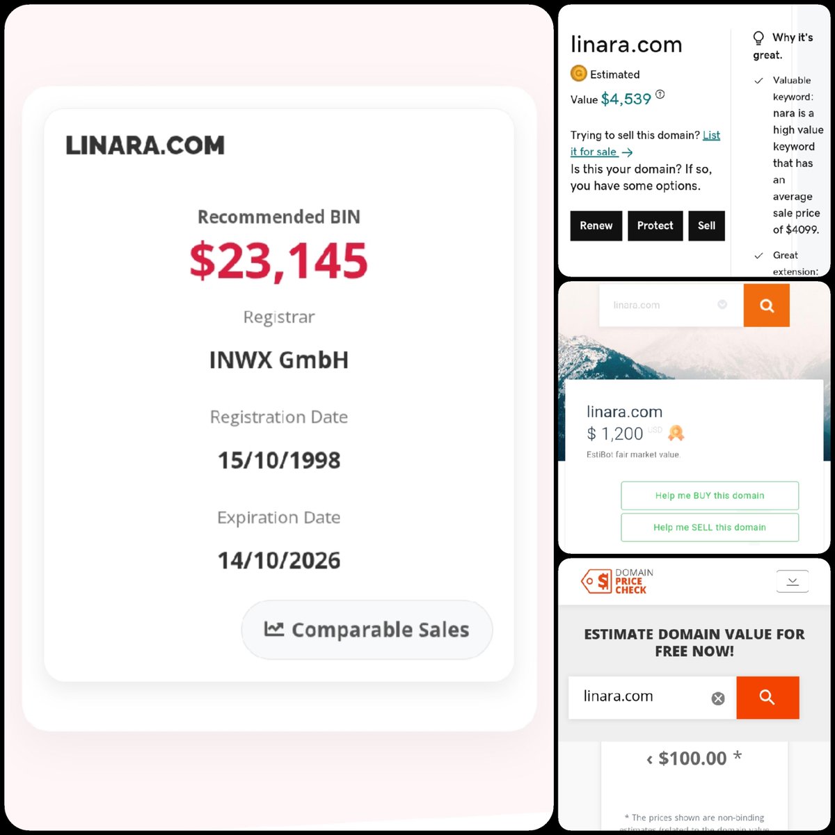 🌐 Linara .com

💰 Sold Price : $18,500

✔ @DNRater Recommended BIN : $23,145
✔ Godaddy Estimation : $4,539
✔ Estibot Valuation : $1,200
✔ InternetX Appraisal : <$100

📌 Venue : <a href="/Sedo/">Sedo</a> 
📆 2025-08-18
