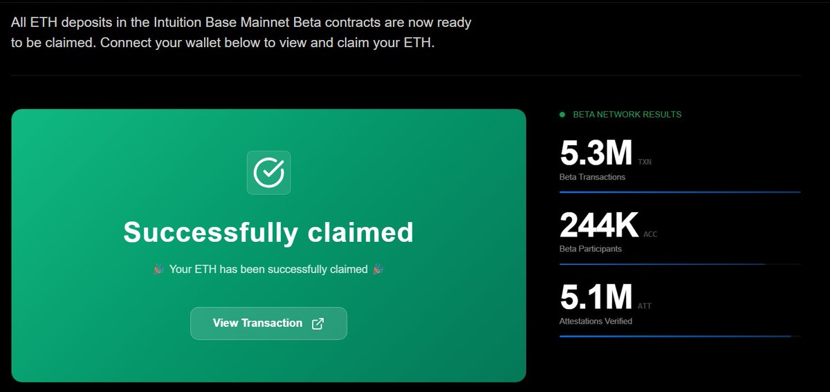 Mr Stan ꧁IP꧂ (@techie_stan) on Twitter photo Participated in the <a href="/0xIntuition/">Intuition 👁️</a> Beta testnet on Base network?
You can now claim your ETH deposits staked on claims.
There were over 240 participants for the beta phase and I'm excited to have been one of them.
claim link: portal.intuition.systems/claim
What's next on Intuition? Participated in the <a href="/0xIntuition/">Intuition 👁️</a> Beta testnet on Base network?
You can now claim your ETH deposits staked on claims.
There were over 240 participants for the beta phase and I'm excited to have been one of them.
claim link: portal.intuition.systems/claim
What's next on Intuition?