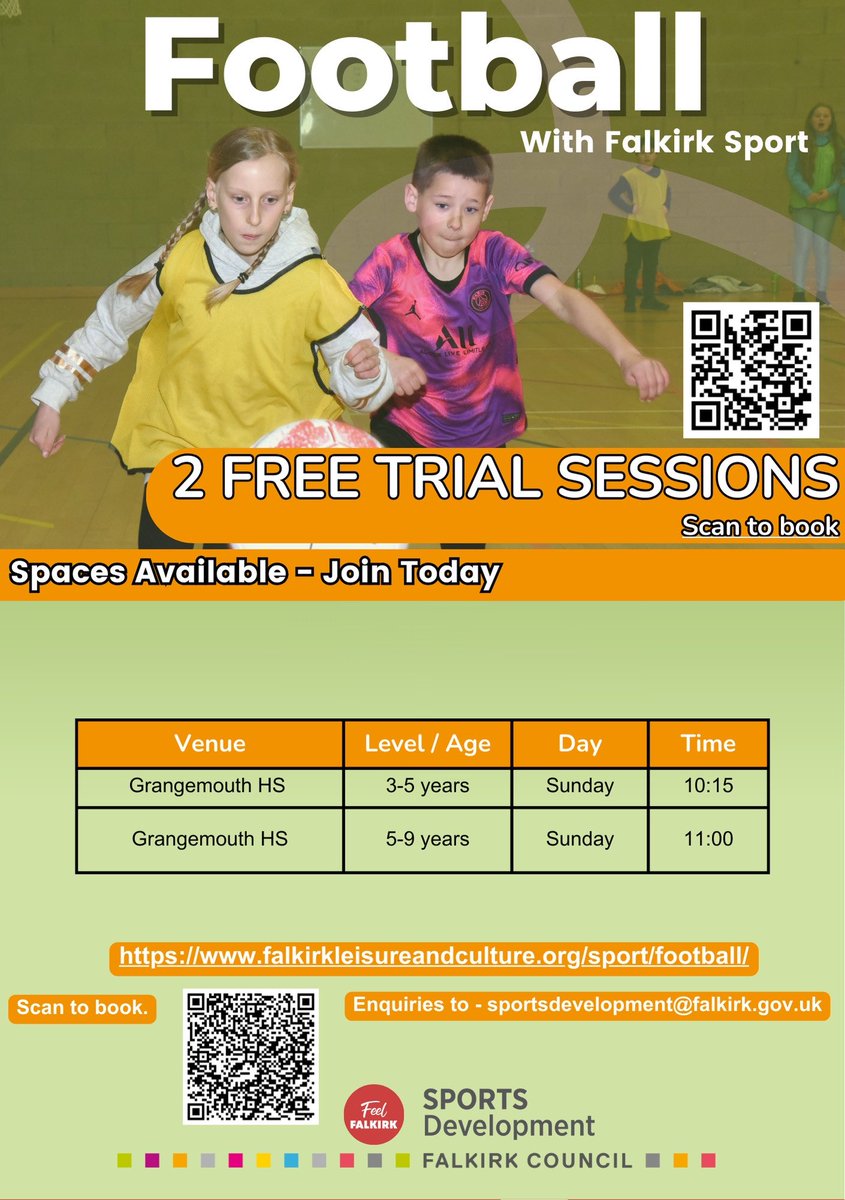 Falkirk Sports Development Classes are back! ✅

Keep an eye out on our social media pages for all of our class times throughout today! 🆕 (1/3)

First up is:

🏸Badminton
🏀Basketball
⚽Football

Sign-up here for a trial session 🆓:
forms.office.com/e/XMV4x6rmYR