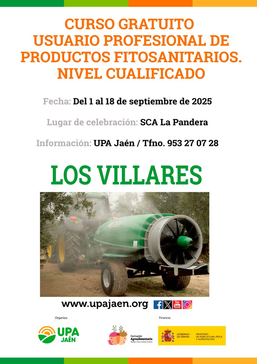 UPA-JAEN (@upajaen) on Twitter photo Ultimamos los preparativos de un nuevo curso gratuito de manipulador de productos fitosanitarios, nivel cualificado, en Los Villares. Financiada por el <a href="/gobmapa/">Ministerio de Agricultura, Pesca y Alimentación</a>, esta acción formativa arrancará el 1 de septiembre. Infórmate y apúntate en nuestra oficina en Jaén. #UPAJaénTeAyuda Ultimamos los preparativos de un nuevo curso gratuito de manipulador de productos fitosanitarios, nivel cualificado, en Los Villares. Financiada por el <a href="/gobmapa/">Ministerio de Agricultura, Pesca y Alimentación</a>, esta acción formativa arrancará el 1 de septiembre. Infórmate y apúntate en nuestra oficina en Jaén. #UPAJaénTeAyuda