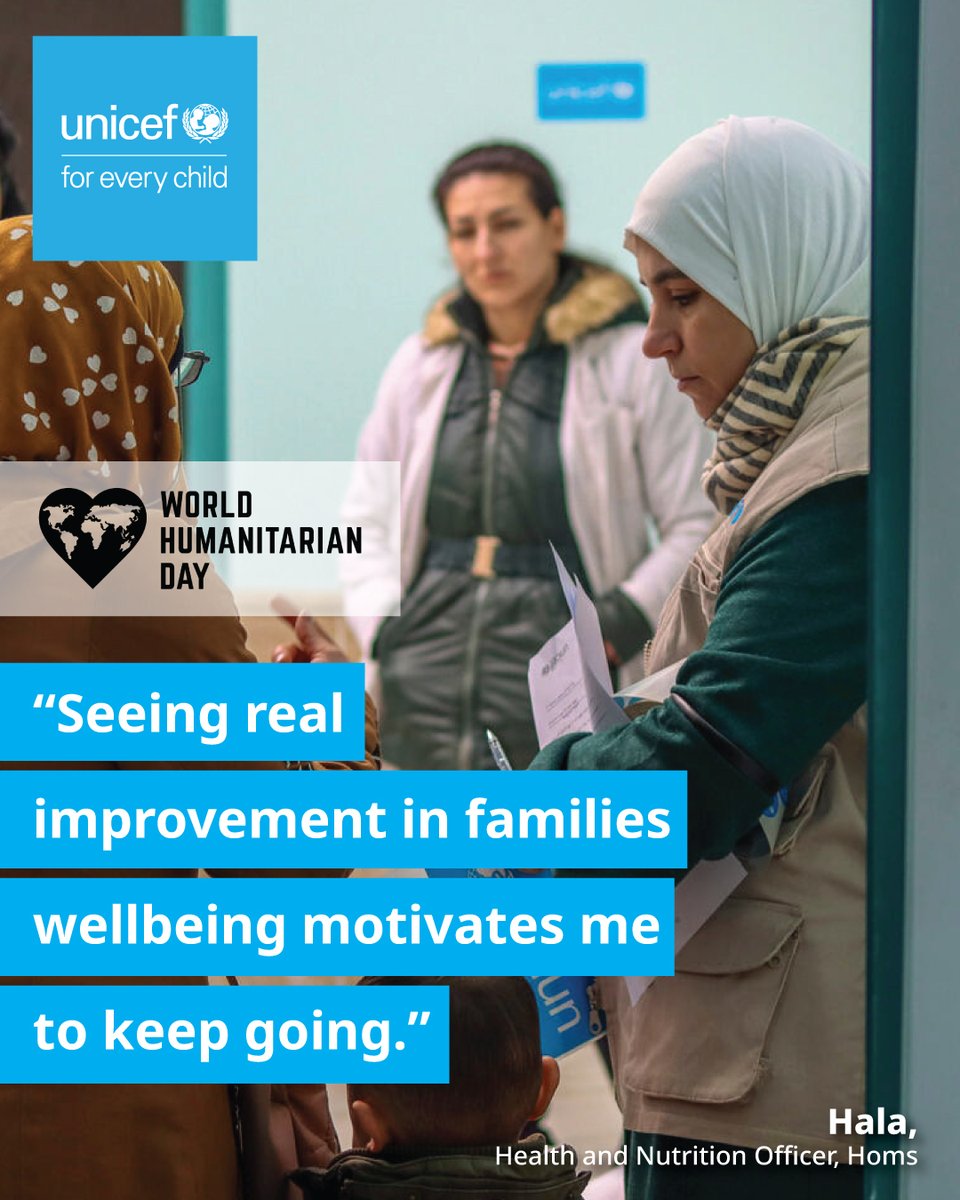 UNICEFinSyria's tweet image. 🤝 On this World Humanitarian Day, we honour the dedication, courage, and compassion of humanitarians around the world — especially those working tirelessly on the frontlines of crisis.

In Syria, UNICEF staff are doing more than just delivering aid — they are bringing hope, and…
