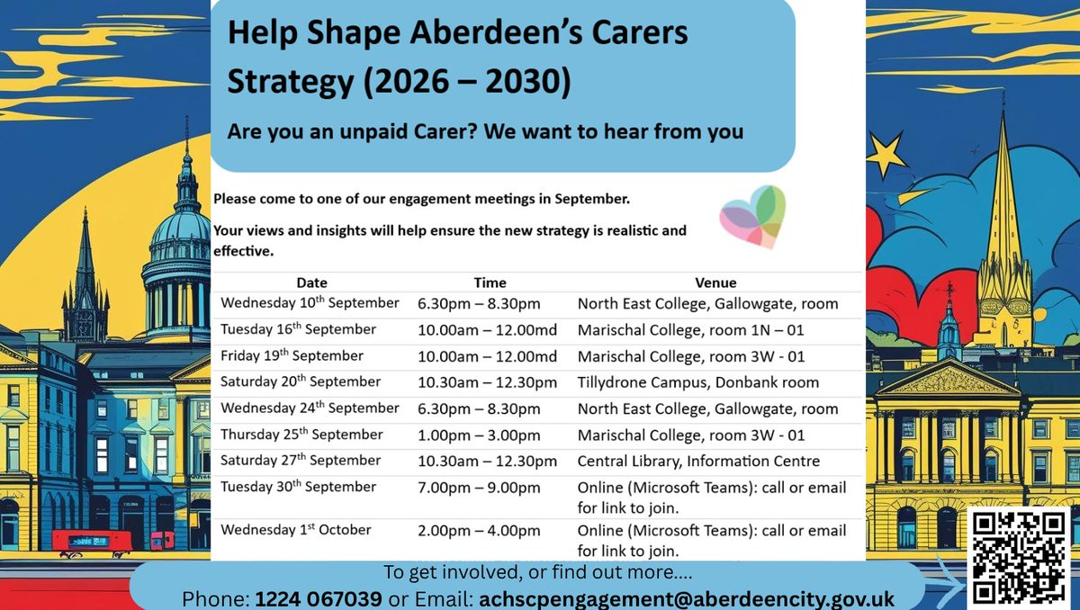 NHS Grampian (@nhsgrampian) on Twitter photo Are you an unpaid #Carer in #Aberdeen? Your voice matters! <a href="/HSCAberdeen/">Aberdeen City HSCP</a> are hosting a series of engagement meetings throughout September to listen, learn, and co-design their next carers strategy.
Email: achscpengagement@aberdeencity.gov.uk
Phone: 01224 067039
<a href="/NHSGinvolvingU/">NHSG Involving You</a> Are you an unpaid #Carer in #Aberdeen? Your voice matters! <a href="/HSCAberdeen/">Aberdeen City HSCP</a> are hosting a series of engagement meetings throughout September to listen, learn, and co-design their next carers strategy.
Email: achscpengagement@aberdeencity.gov.uk
Phone: 01224 067039
<a href="/NHSGinvolvingU/">NHSG Involving You</a>