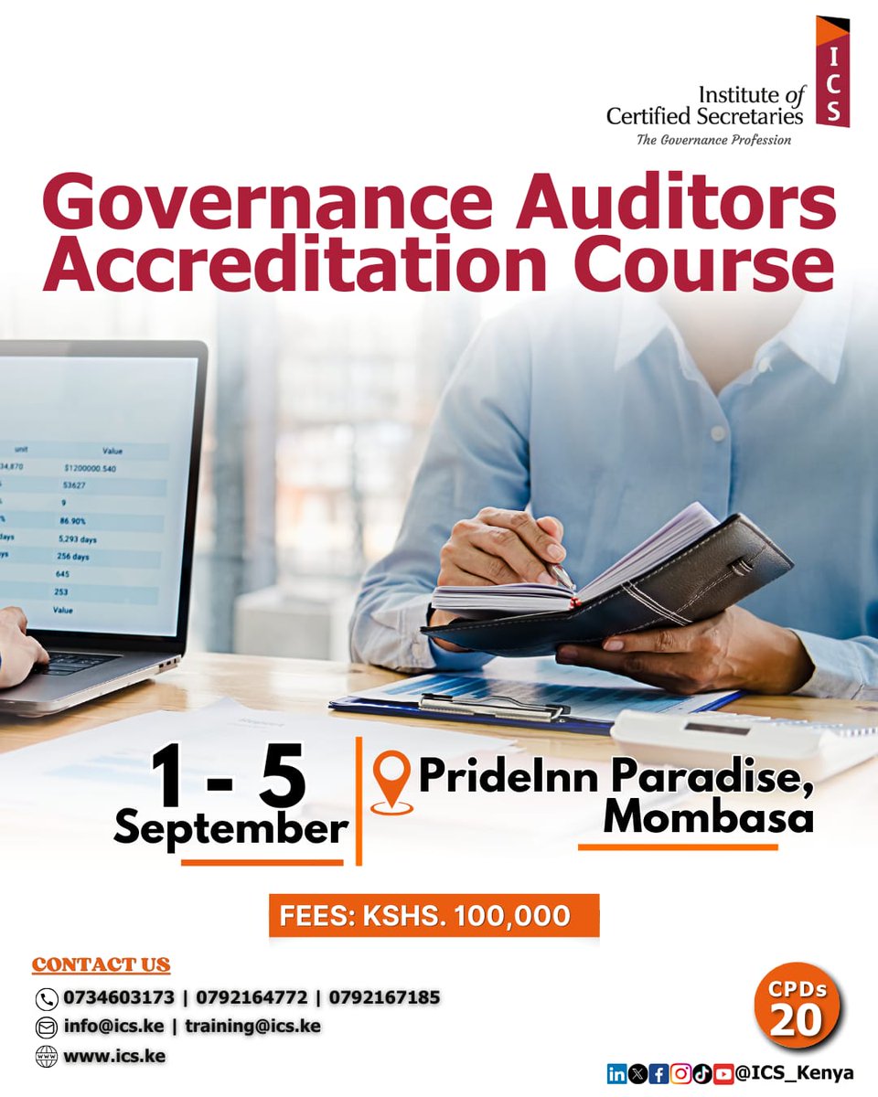 Ready to take your governance expertise to the next level?

Be part of the Governance Auditors Accreditation Course this September!

Register today: events.ics.ke/events/Mzc5

#ICS_Kenya #GovernancaProfession #GovernanceAuditors