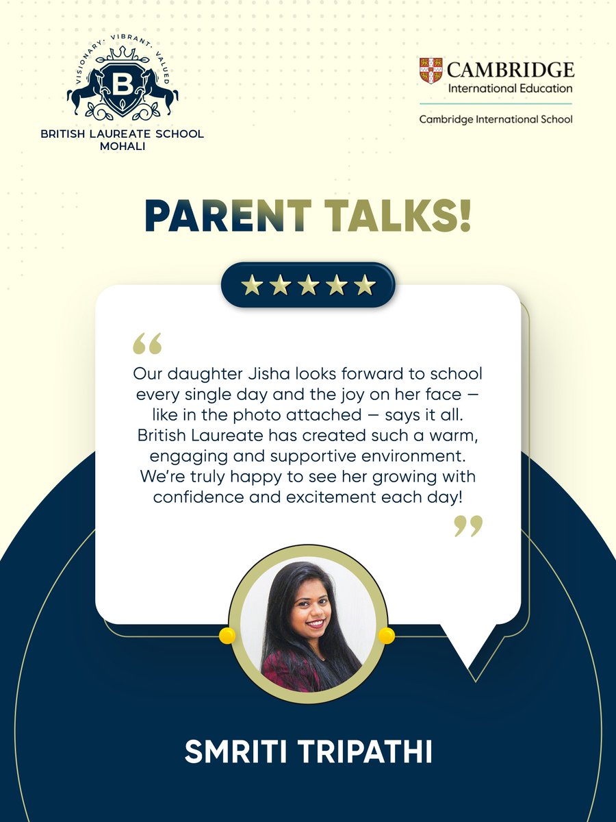 blsmohali's tweet image. At British Laureate School, we believe in creating an environment that nurtures growth, confidence and excitement every step of the way.
Smriti Tripathi shares the joy of watching her daughter thrive in our warm, engaging and supportive atmosphere. #BLSMohali #CambridgeLearning