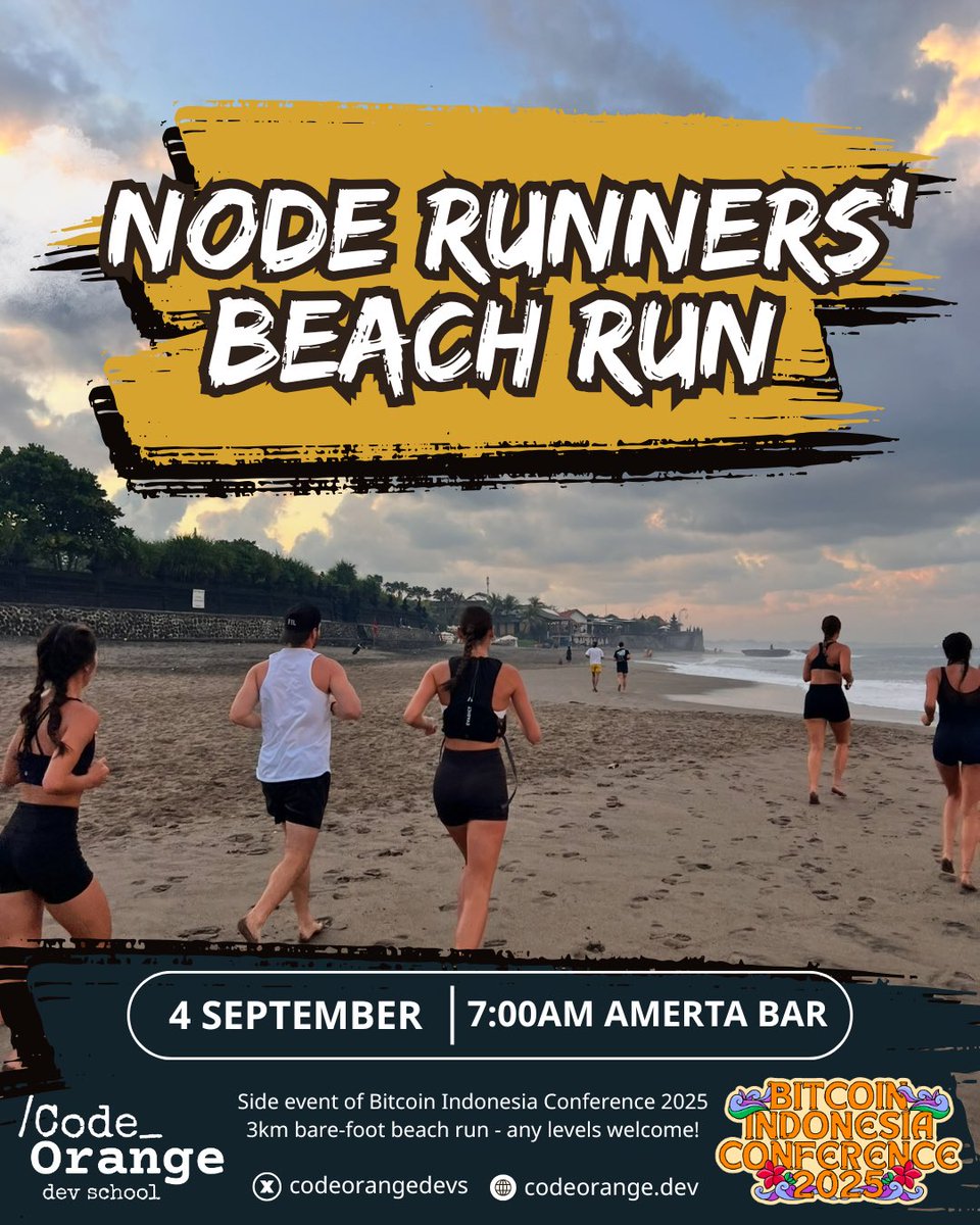 CodeOrangeDevs's tweet image. Join our official side event of @bitcoinindo21 conference in Bali 🙌 

📍 Amerta Bar, Canggu, Bali
📅 4 September | ⏰ 7:00 AM

See you on the beach, bitcoiners! 🏝️