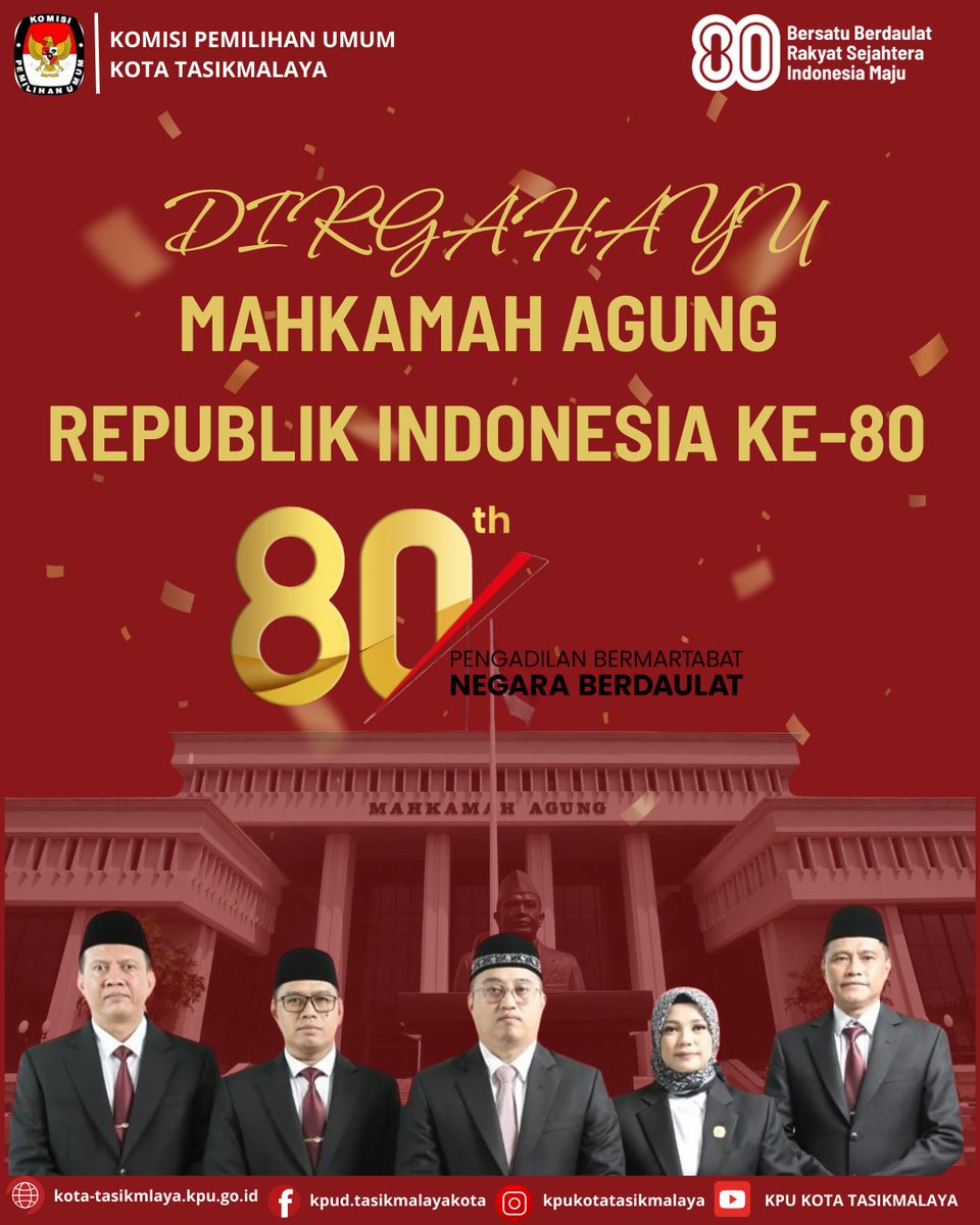 #Temanpemilih
Keluarga besar KPU Kota Tasikmalaya mengucapkan selamat memperingati Hari Ulang Tahun Mahkamah Agung RI ke-80.

19 Agustus 2025
.
.
#kpumelayani
