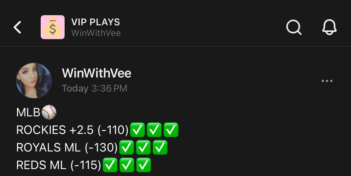 MLB SWEEP🧹🧹🧹🧹🧹🧹🧹🧹🧹🧹🧹

ROCKIES +2.5 (-110)✅✅✅
ROYALS ML (-130)✅✅✅
REDS ML (-115)✅✅✅

Whop.com/winwithvee  you’re missing out.