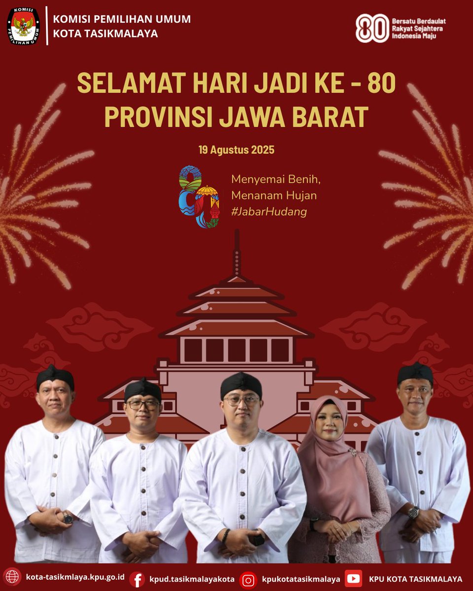 #TemanPemilih Keluarga besar KPU Kota Tasikmalaya mengucapkan selamat Hari Jadi Jawa Barat ke-80.
Semoga Jawa Barat senantiasa menjadi tanah yang subur bagi persatuan, rumah yang hangat bagi keberagaman, serta tempat lahirnya harapan untuk Indonesia yang lebih baik.

#kpumelayani