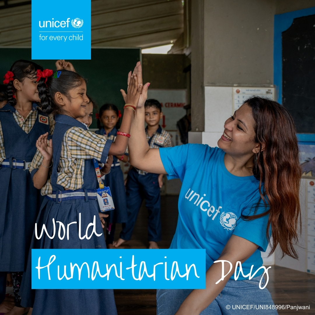 UNICEFIndia's tweet photo. #WorldHumanitarianDay — we acknowledge those who are dedicated to standing with the millions of people and serving those whose lives hang in the balance.

Through resilience and dedication, we can make the world a better, safer and more inclusive space #ForEveryChild. https://t.co/otmN9ecCzG