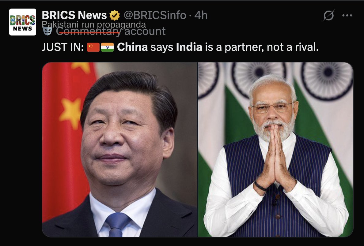 aravind's tweet image. Let me be frank with my opinion:

China will never see India as an equal partner. India will always be viewed as a satellite state to be subjugated and made subservient.

But that&apos;s ok. As long as Indians understand this and keep this in mind, India can manage China as it has…