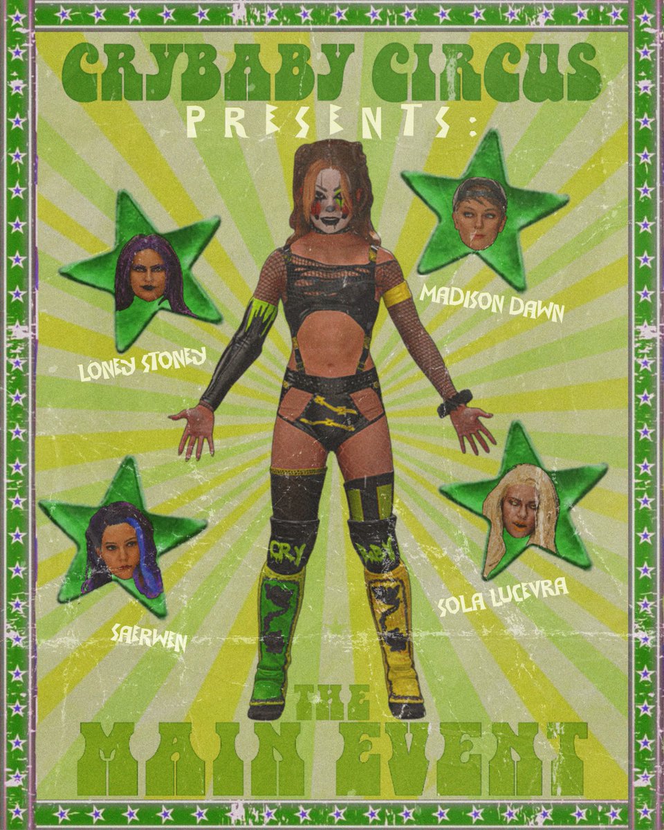 IWF on Twitch (@iwfuniverse) on Twitter photo CRY BABY CIRCUS PRESENTS: THE MAIN EVENT 🎪🤹♀️🎡 #MondayNightMELTDOWN
CONGRATULATIONS LONEY STONEY, <a href="/SolaflareIWF/">Sola lucevra</a>, <a href="/SaerwenIWF/">Saerwen</a>, <a href="/MadisonDawnIWF/">Madison Dawn</a> you have been chosen to compete in tonights games; Walk away victorious & you win the PRIZE of a title shot against <a href="/crybabysupeyIWF/">supey</a> 🤡 CRY BABY CIRCUS PRESENTS: THE MAIN EVENT 🎪🤹♀️🎡 #MondayNightMELTDOWN
CONGRATULATIONS LONEY STONEY, <a href="/SolaflareIWF/">Sola lucevra</a>, <a href="/SaerwenIWF/">Saerwen</a>, <a href="/MadisonDawnIWF/">Madison Dawn</a> you have been chosen to compete in tonights games; Walk away victorious & you win the PRIZE of a title shot against <a href="/crybabysupeyIWF/">supey</a> 🤡