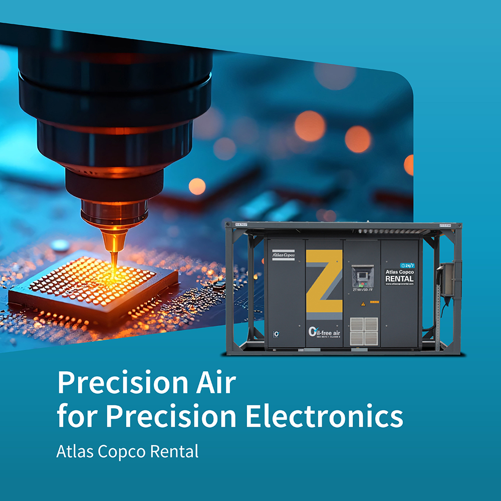 At Atlas Copco Rental, we understand that in electronics manufacturing, air quality isn’t just important—it’s critical. That’s why our state-of-the-art compressors deliver 100% contamination-free air, ensuring ultra-clean production environments.