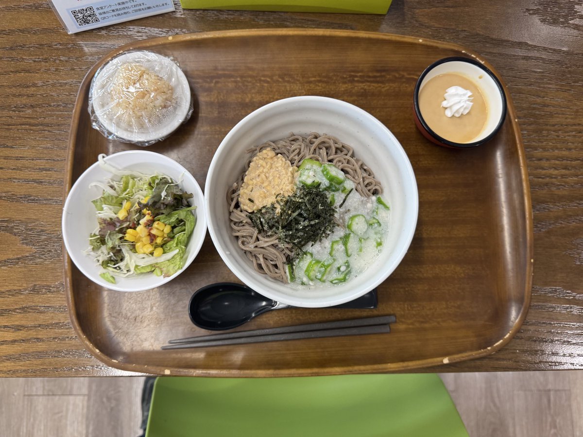 とろろ納豆冷やし蕎麦、サラダ、おかかおにぎり、キャラメルプリン。
#お昼ごはん