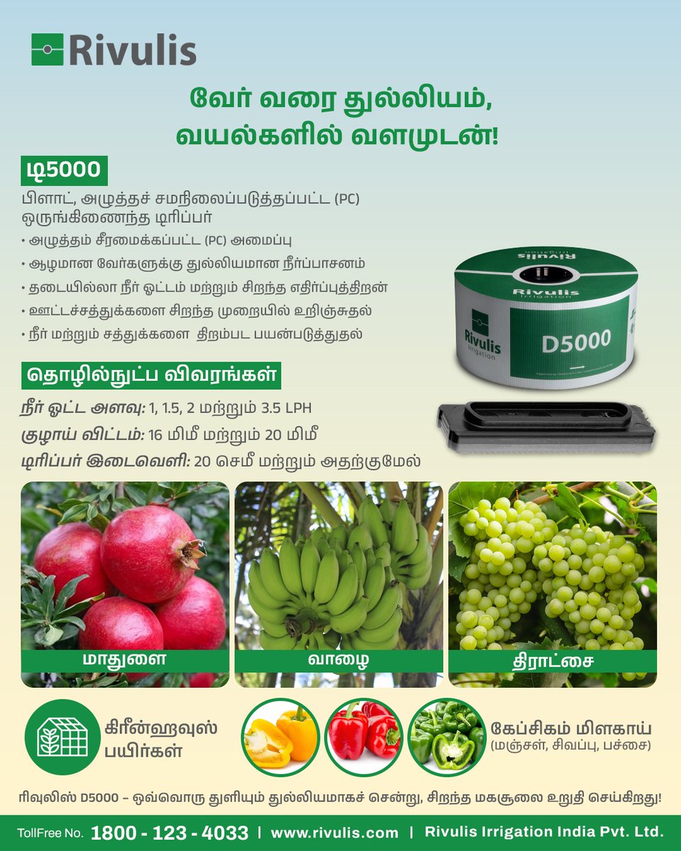 சரியான நீர்ப்பாசனம், சிறந்த மகசூல்!
Rivulis D5000 – உங்களின் பழப்பயிர்களுக்கு நம்பகமான துணை! 🍇🍌 

#RivulisIndia #D5000 #DripIrrigation #TamilAgriculture #FarmingGrows #SmartFarming #HigherYield #MicroIrrigation #GrowWithRivulis #BestChoiceForFruitCrops