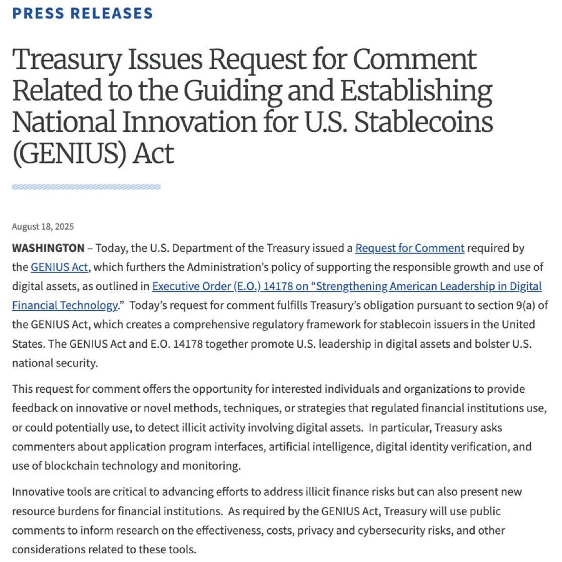 LondonRealTV's tweet photo. 🚨 BREAKING: Major development in 🇺🇸US crypto regulation

The US Treasury has officially requested public comments on the GENIUS Act, a Trump-era framework designed to strengthen oversight of digital assets.

Key points:

• Focus: Detecting & preventing illicit activity in crypto

• Public comment window: Now open until Oct 17

• Context: Part of broader efforts to implement legislation first drafted under the Trump administration

This will directly impact market structure, institutional participation, and liquidity in the months ahead.