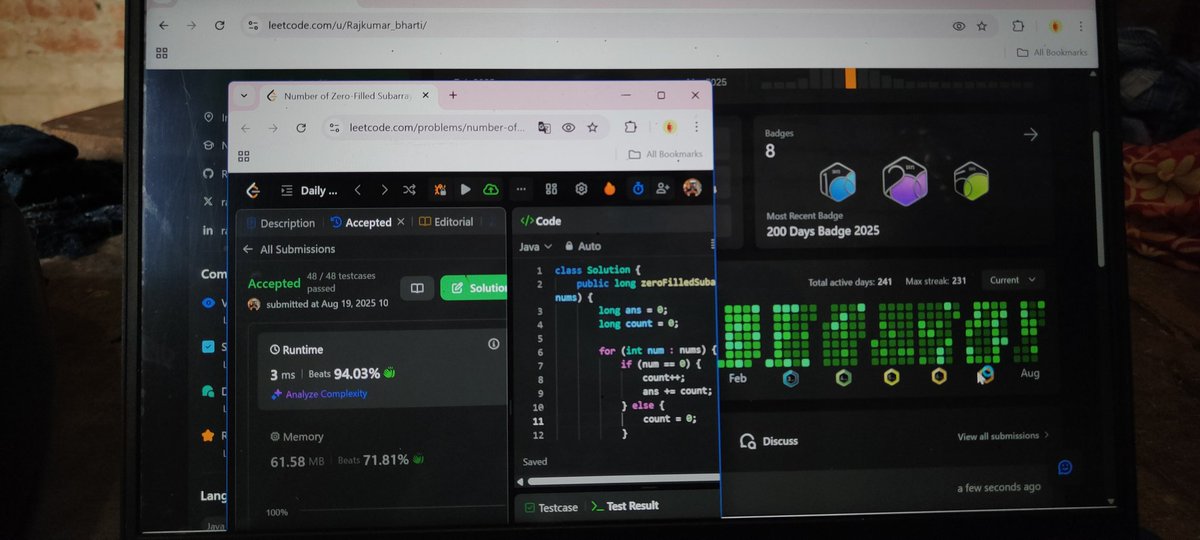 raj_SDE1_FAANG's tweet image. Day 231/360 of DSA challenge 🧑‍💻.  Today I solved 1 DSA Questions on
@LeetCode
1.Number of Zero-Filled Subarrays
  #DSA #LeetCode #datastructures #LeetCode #FAANG