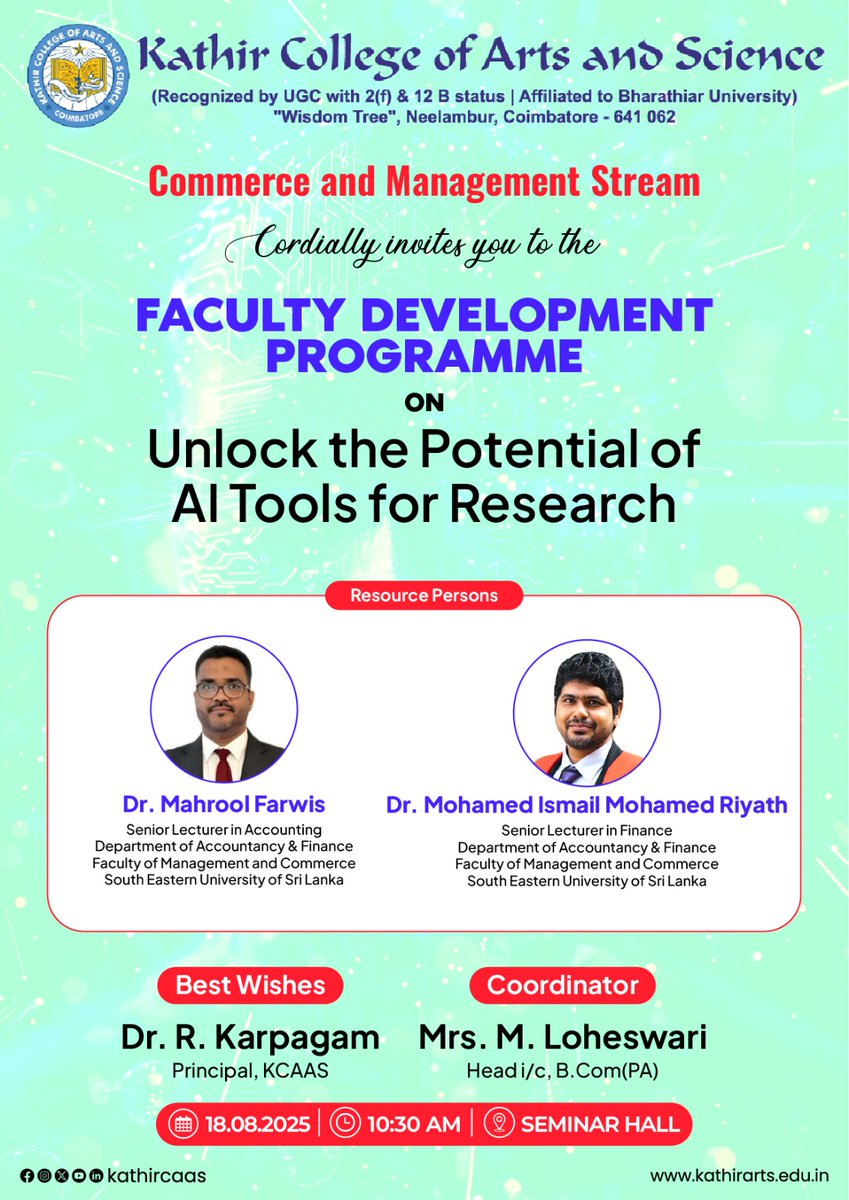 Kathircaas's tweet image. Kathir College of Arts and Science proudly hosted a Faculty Development Programme on “Unlock the Potential of AI Tools for Research” 💡🤖.
With insightful sessions 
#KathirCAAS #KathirCollegeOfArtsAndScience #FacultyDevelopmentProgramme #AIForResearch #InnovationInEducation