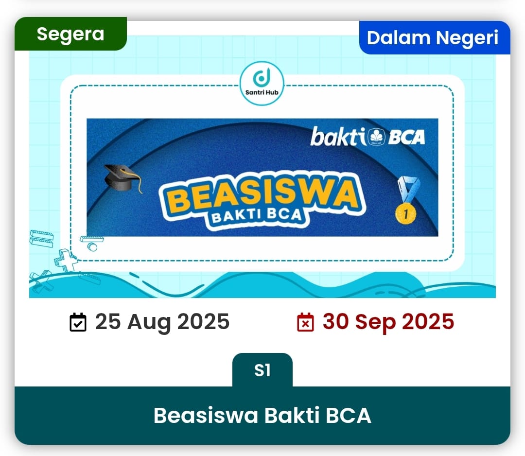 SantriHub's tweet photo. 🎓✨ Kesempatan emas buat kamu mahasiswa S1! ✨🎓
Beasiswa Bakti BCA 2025 segera dibuka 🚀

📅 Periode pendaftaran: 25 Agustus – 30 September 2025
💡 Dapatkan dukungan pendidikan sekaligus pengalaman pengembangan diri untuk raih masa depan cemerlang.

Jangan sampai terlewatkan! 🔑
Info lengkap & pendaftaran 👉 https://t.co/Px23fIdpnh

#Beasiswa #BaktiBCA #BeasiswaBCA #SantriHub #Mahasiswa #Scholarship