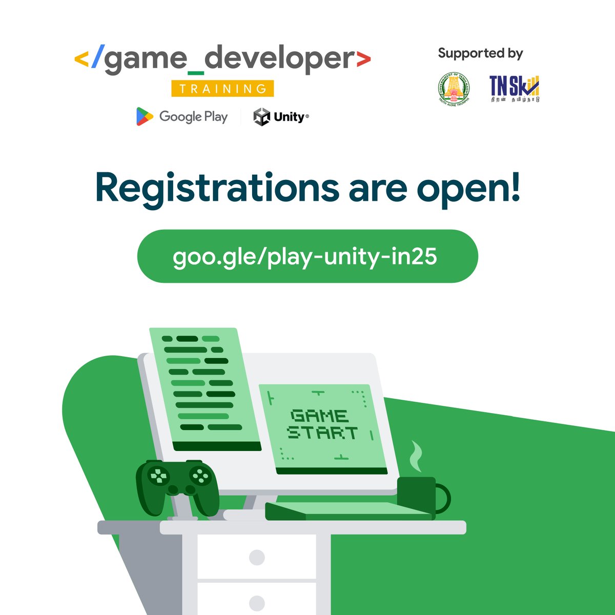 Guidance_TN's tweet image. 🎮 Calling game developers in #TamilNadu!
In partnership with the Govt. of #TamilNadu @naanmudhalvanTN & GDAI - the @GooglePlay x @unitygames Developer Training Program is offering free #Unity training & certification.
Apply now! 👉 goo.gle/play-unity-in2…
@Office_of_Udhay…