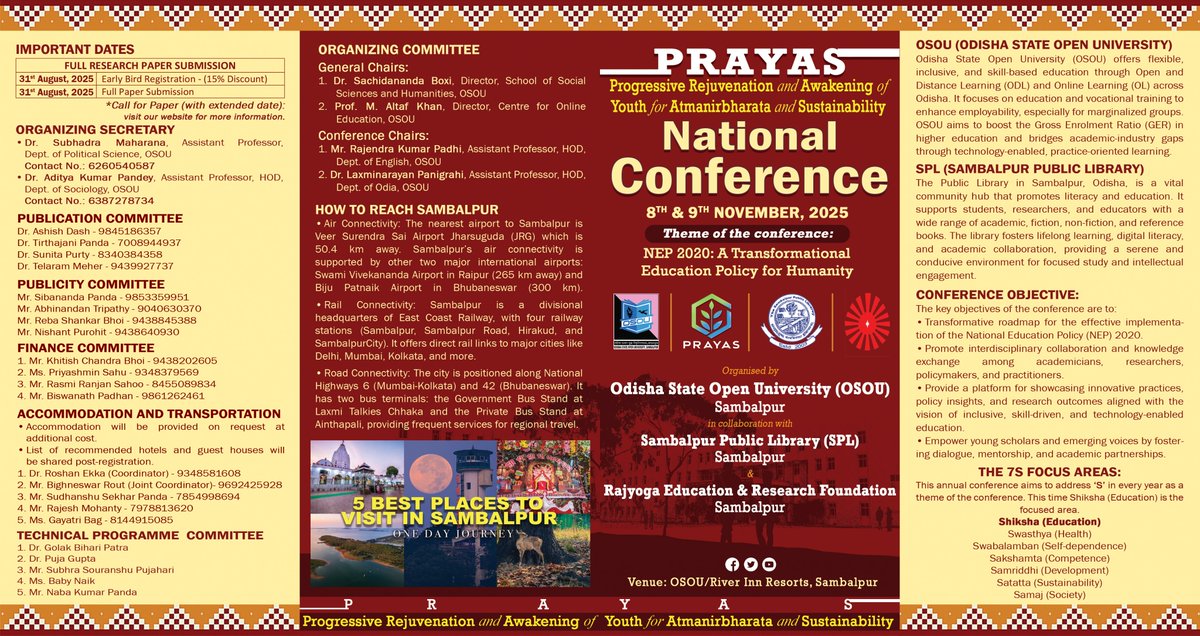 OsouOdisha's tweet photo. PRAYAS: National Conference by OSOU with SPL & RERF. Dt: 8th & 9th Nov, 2025.#PRAYAS #NationalConference #OdishaStateOpenUniversity #SambalpurPublicLibrary #RERF #PRAYAS2025 #ICSSR #AcademicVoices #NEP2020 #InterdisciplinaryIndia #ScholarSpeak #EducationForAll #ResearchWithImpact https://t.co/fZqL5eN4fo