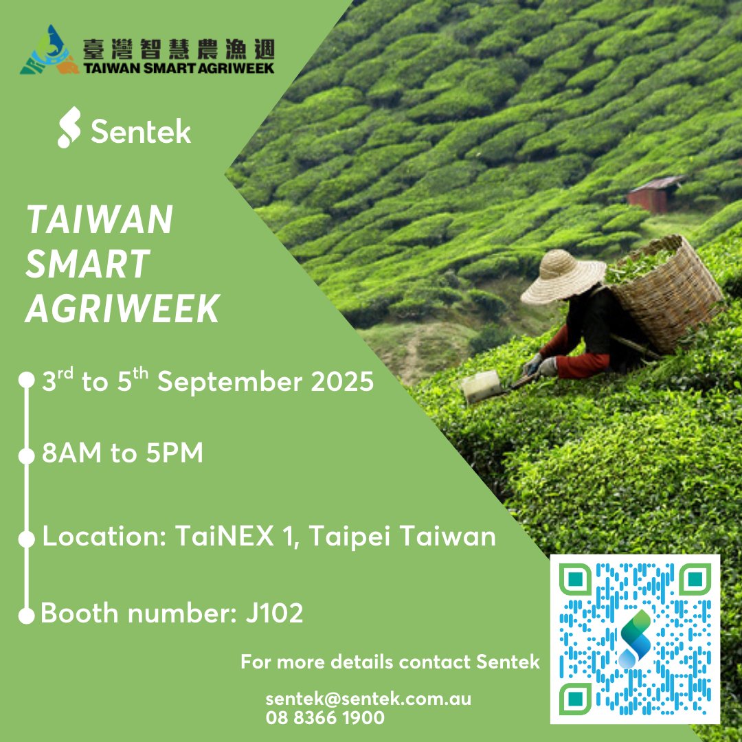SentekTech's tweet image. Sentek is excited to be attending and exhibiting at Taiwan SMART Agriweek! Come visit us and explore how our technologies can assist you in your business and operations.

Fun fact: Taiwan grows over 2,000 types of fruits and vegetables, making its agriculture highly diverse! 🥬🥕