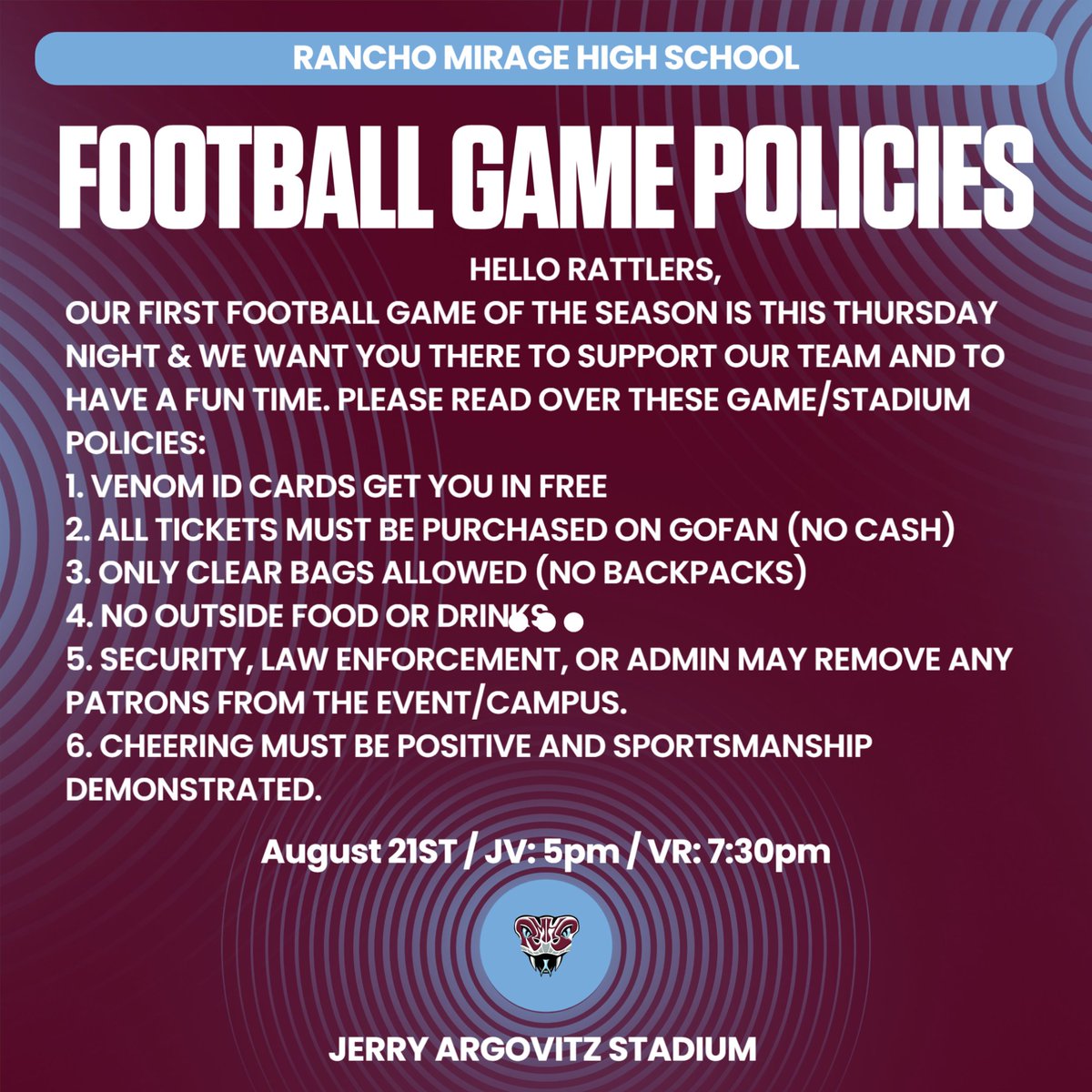 Our first home football game is this Thursday! Come out to have a good time and cheer on our Rattlers! Make sure to read over our game policies.