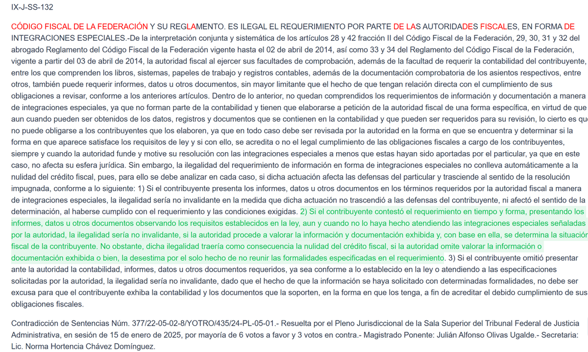 GilLuisJ92's tweet photo. Una sala regional del @TFJAMexico decidió inaplicar el supuesto previsto en el punto 2) (de la jurisprudencia IX-J-SS-132, que establece: CÓDIGO FISCAL DE LA FEDERACIÓN Y SU REGLAMENTO. ES ILEGAL EL REQUERIMIENTO POR PARTE DE LAS AUTORIDADES FISCALES, EN FORMA DE INTEGRACIONES ESPECIALES.

Lo anterior, al considerar que existe jurisprudencia de la @SCJN que estableció lo siguiente: COMPETENCIA DE LAS AUTORIDADES ADMINISTRATIVAS. INAPLICABILIDAD DE LOS SUPUESTOS PREVISTOS EN EL ARTÍCULO 51, SEGUNDO PÁRRAFO, INCISO D), DE LA LEY FEDERAL DE PROCEDIMIENTO CONTENCIOSO ADMINISTRATIVO.