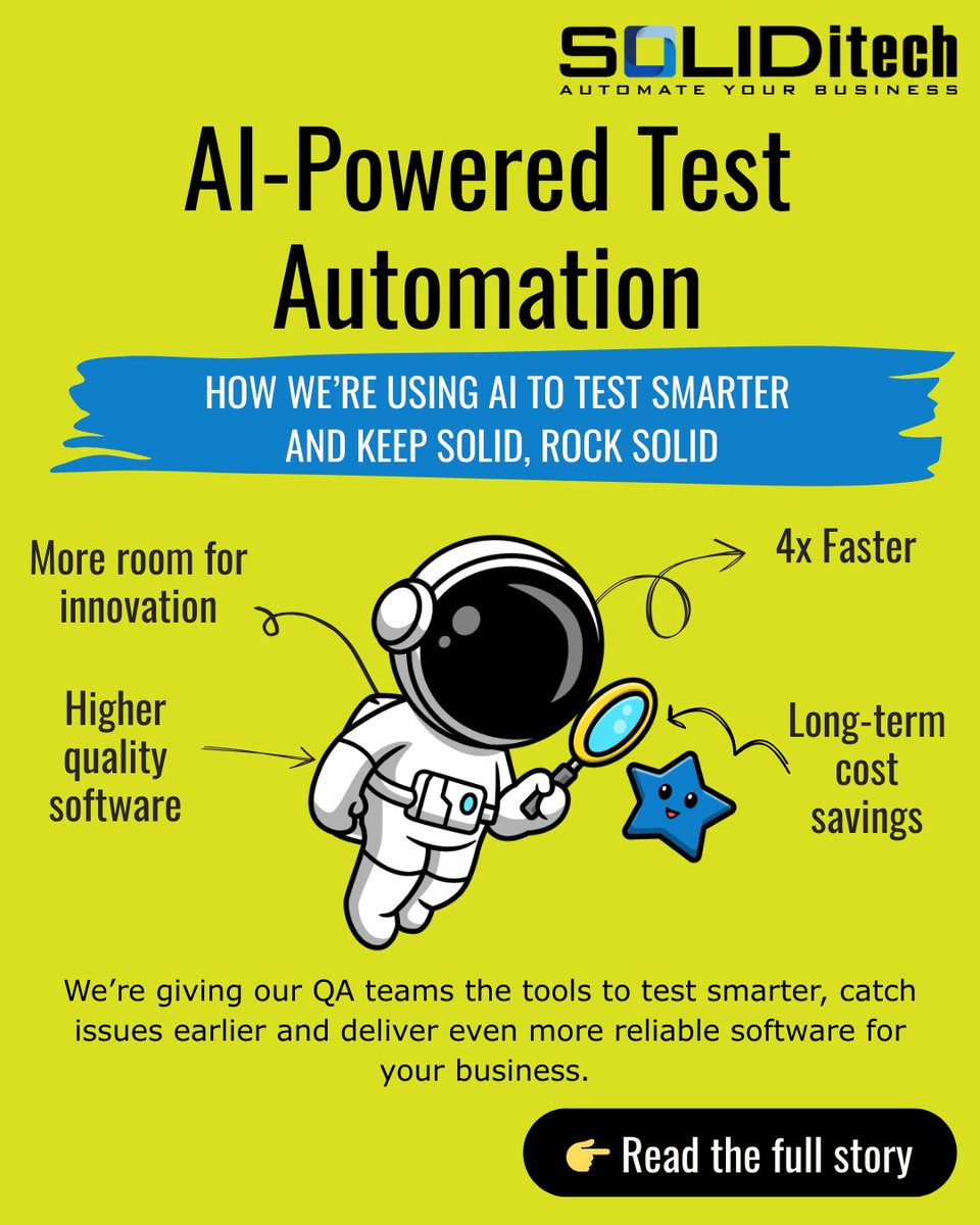 soliditech's tweet image. AI-powered test automation: 
4× faster test creation.
Fewer bugs in production.
More room for innovation.

Here’s how we’re using it to keep SOLID rock solid: hubs.la/Q03D5Jr80

#SOLIDitech #AITesting #QA #SoftwareAutomation #BehindTheScenes