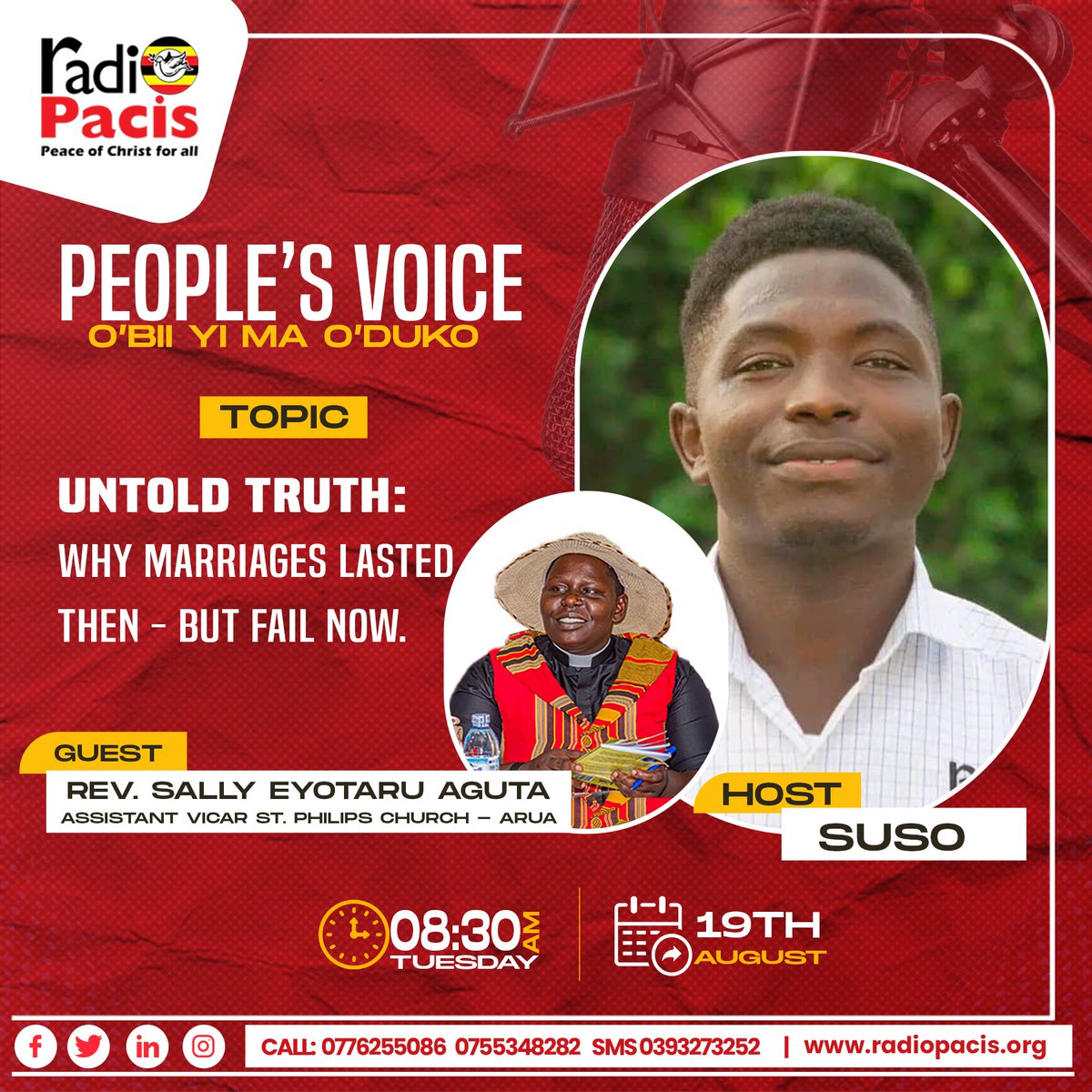 RadioPacisnews's tweet image. Joining in the Segment "Obiyi ma O'duko from 8:30am on 90.9fm is Rev. Sally Eyotaru Aguta, Assistant Vicar At. Philips Church Arua hosted by #Suso

Discussion Point: Why Marriages lasted then - But fail Now.