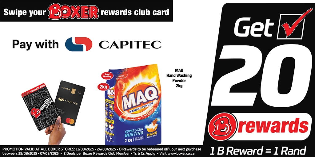 BoxerStores's tweet image. Unlock savings with the Card Combo! 🎉💳 Swipe your Boxer Rewards Club card and pay with Capitec for MAQ Hand Washing Powder to get 20 B Rewards! 💸 Offer ends 24th August 2025. T&amp;amp;Cs Apply. #boxerstores #capitec #cardcombo