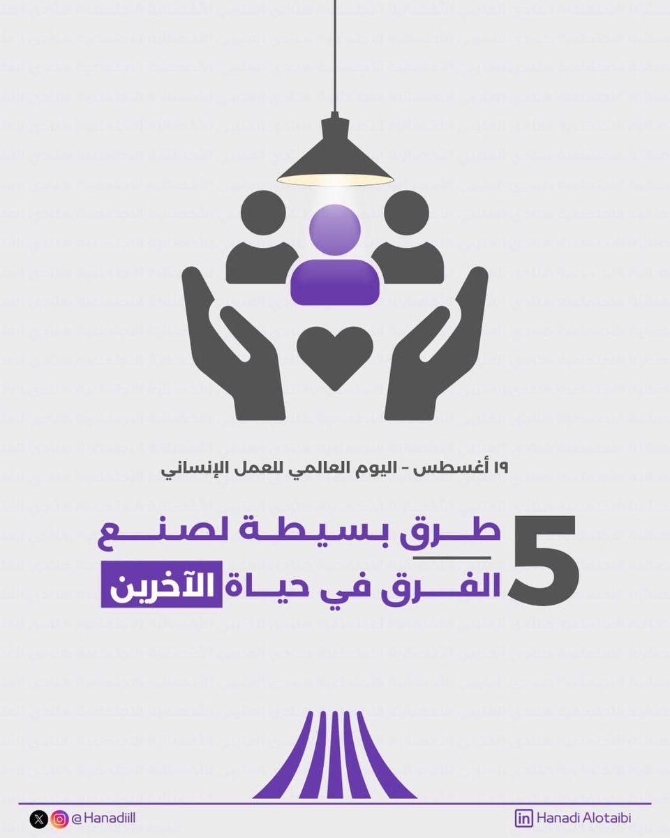 Hanadiill's tweet photo. 19 أغسطس هو اليوم العالمي للعمل الإنساني، مناسبة نتذكر فيها أن القيمة الحقيقية تكمن في الأثر الذي نتركه في حياة الآخرين🙏.
أقدم لكم خمس أفكار ملهمة لتعزيز روح المبادرة والعطاء.

#اليوم_العالمي_للعمل_الإنساني #إنسانية #تطوع #تضامن #دعم https://t.co/5tmjcMmYcC