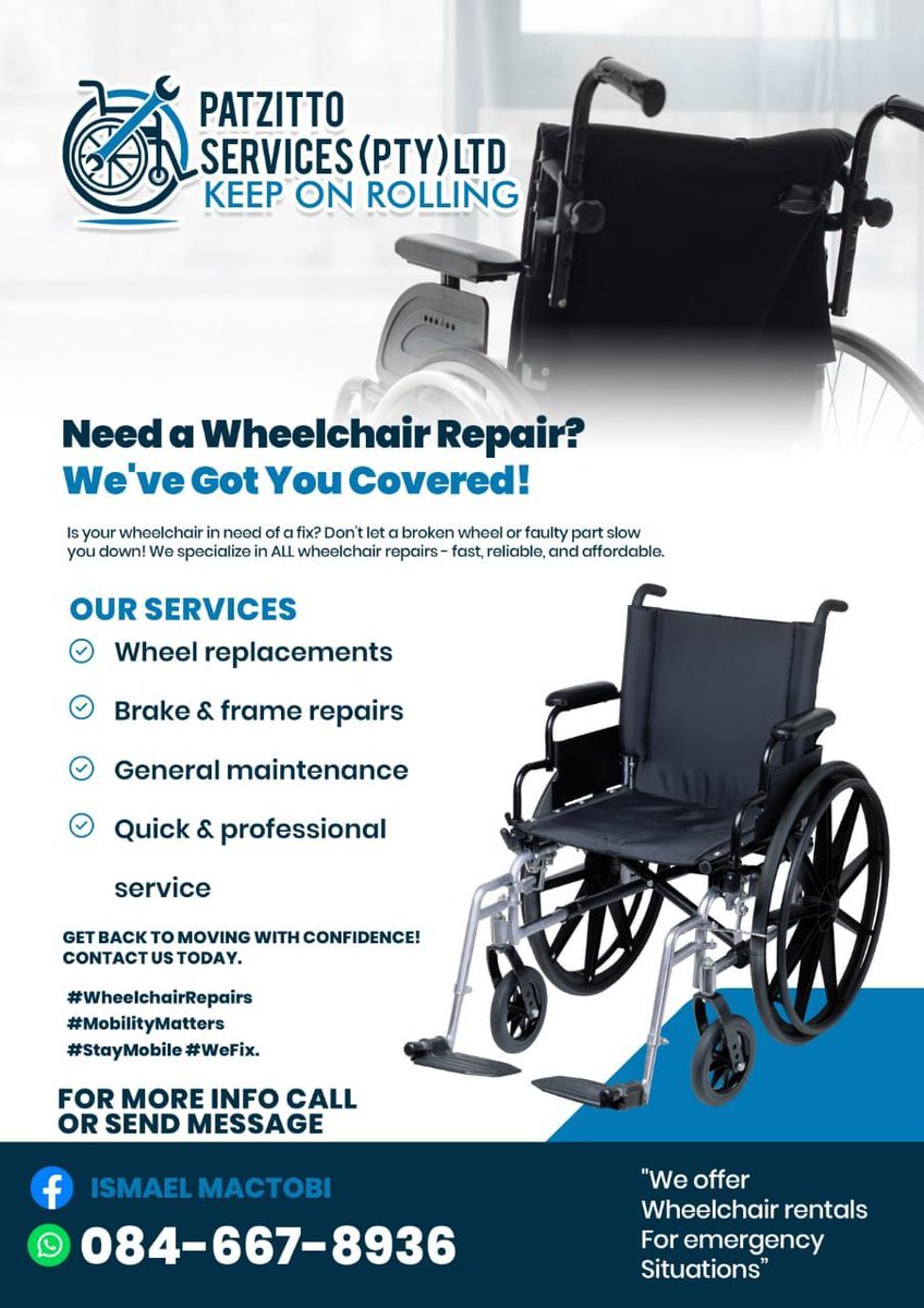 Patzitto Services can assist wheelchair repairs and maintenance in the Vaalwater region. 
Contact Ismael Mactobi for quick and professional service at 084 667 8936.

#WheelchairRepairs #SmallBusiness #StayMobile #ProfessionalService