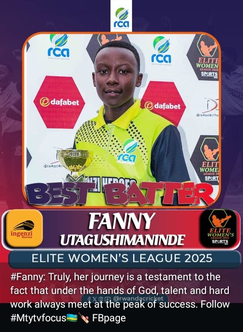 MANIRAFASH95393's tweet image. @RwandaCricket Best Batter of the Elite Women’s League 2025!
She scored 161 runs in 7 innings with a strike rate of 102.55. #Mtytvfocus #professionalplayerrise #growingwitheverystep
#Letsplay
#Bettercricket
#Rwandacricket