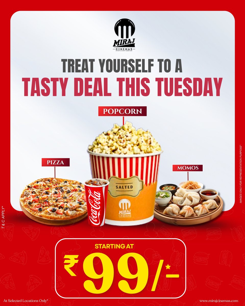 MirajCinemas's tweet photo. No Tuesday blues, only Tuesday bites 😋 Treat yourself to flavors you’ll love at just ₹99/-! Enjot Tasty Tuesday Deal at #MirajCinemas. *T&amp;C Apply
.
.
#TastyTuesdayDeals #MirajCinemas #MovieSnacks #FoodieDeals #99Only #Snacks #Offers #TuesdayOffer https://t.co/8XoSYnEW3L