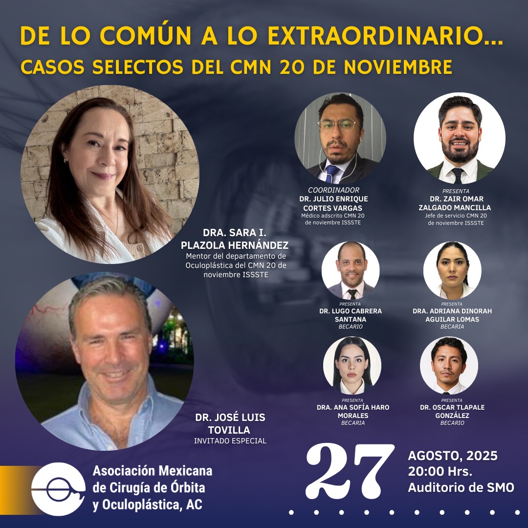 CUIDA TU SALUD VISUAL 👁️

Es la encargada de mantener actualizados a los Oftalmólogos - Oculoplásticos certificados en las técnicas más actualizadas y seguras para realizar tu cirugía.

Transmisión via Zoom, enlace en el sitio web:
👉oculoplastica.mx