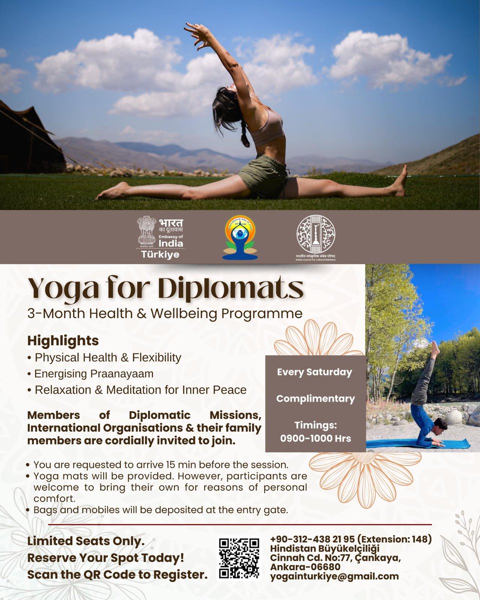 DplmtcObserver's tweet photo. THE INDIAN EMBASSY IS LAUNCHING A YOGA EVENT FOR EVERYONE
Following the success of three 4-Week Health and Well-being Programmes:- Yoga for Diplomats, Yoga for All and Yoga for Mothers &amp; Kids https://t.co/ToyDLtpFbs