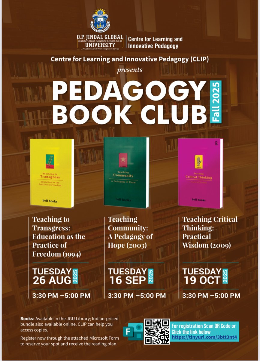 📢📢📢Pedagogy Book Club (Fall 2025): Teaching with bell hooks

I am hosting a book club this Fall with the Centre for Learning and Innovative Pedagogies (CLIP) at <a href="/JindalGlobalUNI/">JGU</a>. 

In previous semesters, our #pedagogybookclubdelhi brought together colleagues across disciplines