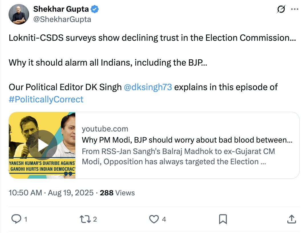 YearOfTheKraken's tweet image. Co-Director of Lokniti-CSDS spreads fake news about the Election Commission, which becomes the basis for Opposition Propaganda against ECI.

Then, Lokniti-CSDS conducts survey which shows declining trust in the Election Commission.

Elite Propaganda!