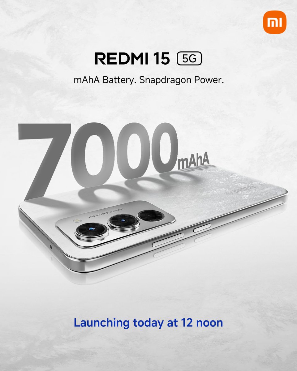 The countdown is almost over!

We’re just 1 HOUR away from the mAhA Launch of the all-new #Redmi15 5G.

Get ready to witness the #7000mAhA #PowerRevolution.

👉 Tune in LIVE at 12 noon and be part of the mAhA moment!
👉 youtu.be/YVCxMzOo4ys