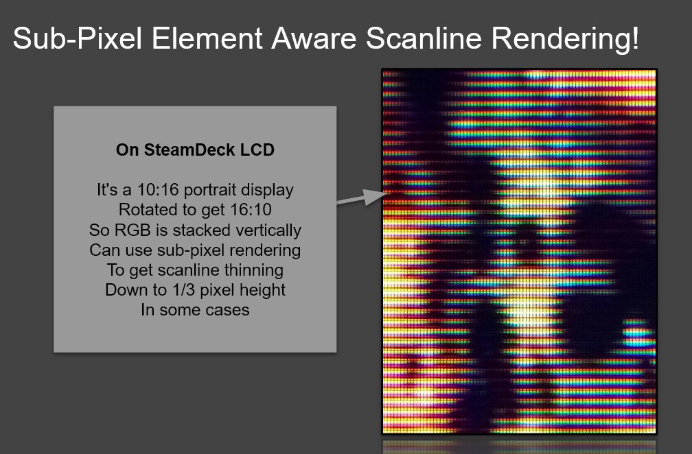 So the Shader BFI talk is getting rescheduled to time with something, and I'm moving the Display + CRT Spatial Scaling talk to release first. Mostly done with slides now, it's loaded with cool stuffs.