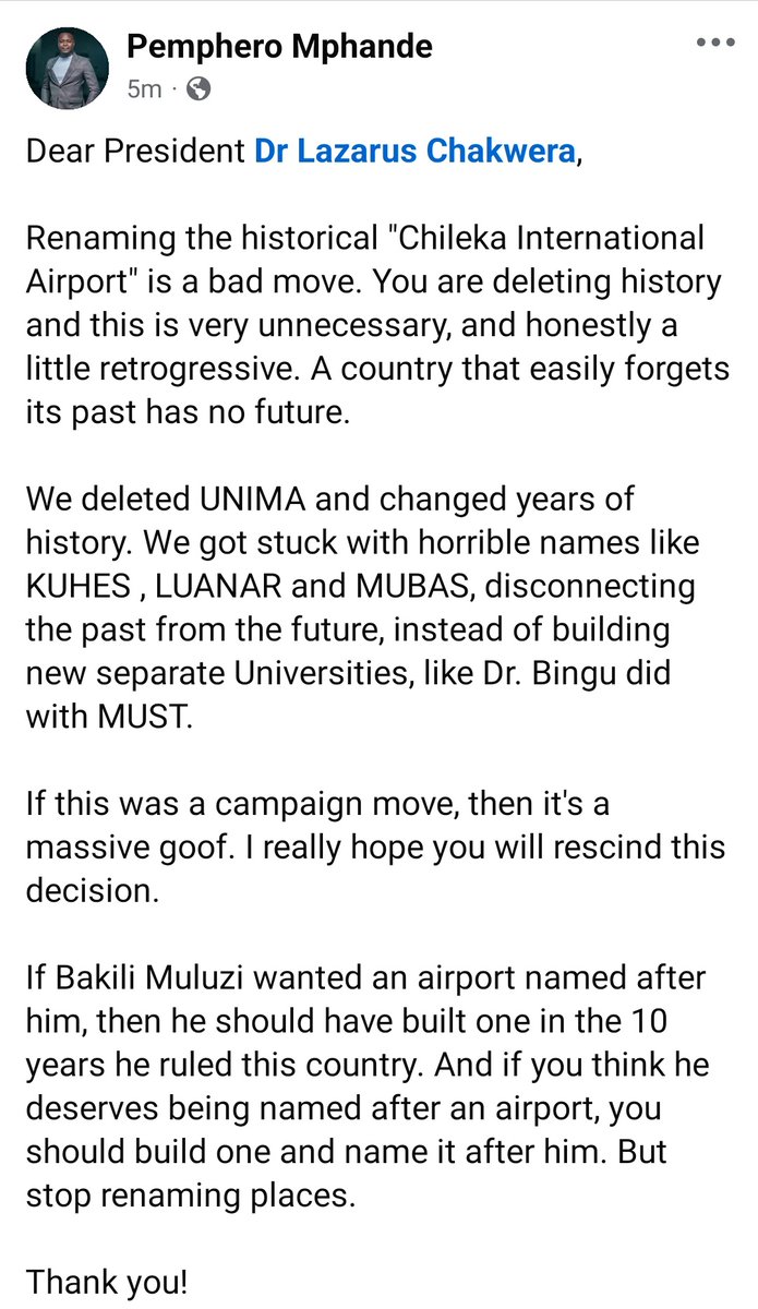 Dear <a href="/LAZARUSCHAKWERA/">Dr. Lazarus Chakwera</a>