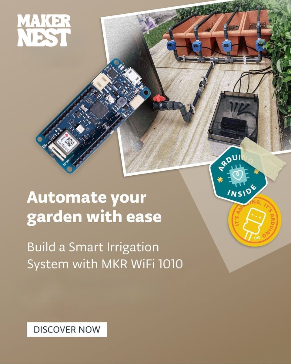 MakernestIndia's tweet image. 💦 Automate your garden watering with Arduino MKR WiFi 1010 + Edge Control!
🌱 Multi-zone irrigation with real-time remote control via Arduino Cloud.
Save water, grow more!
👉 makernest.com/products/mkr-w…
👉 makernest.com/products/edge-…
#MakerNest #SmartGardening #ArduinoIndia #IoT