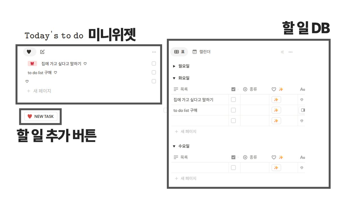 somnote_'s tweet image. 요청이 정말x99 많았던 노션 투 두 입니다~!

🎀SOM&apos;s TO DO 특징 
✔️할 일을 완료하면 최하단 이동+취소선+체크표시
✔️✨버튼을 누르면 [중요] 태그 생성
✔️DB(할 일 입력 및 수정) + 위젯(목록을 보며 체크) 구성
✔️매일 반복되는 할 일은 자동으로 추가되게 설정 가능 

posty.pe/zvakq7