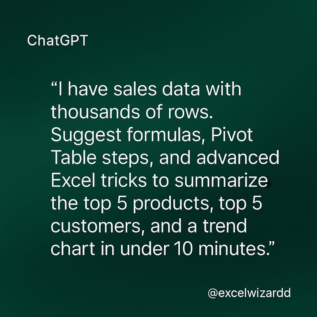 excelwizardd's tweet image. Boss: “Send me a summary in 10 minutes.”
You: 👀 staring at 5,000 rows.
ChatGPT + Excel: “Say less.”
@excelwizardd @microsoft @microsoft365
#ExcelHelp #Productivity #ExcelWizardd
